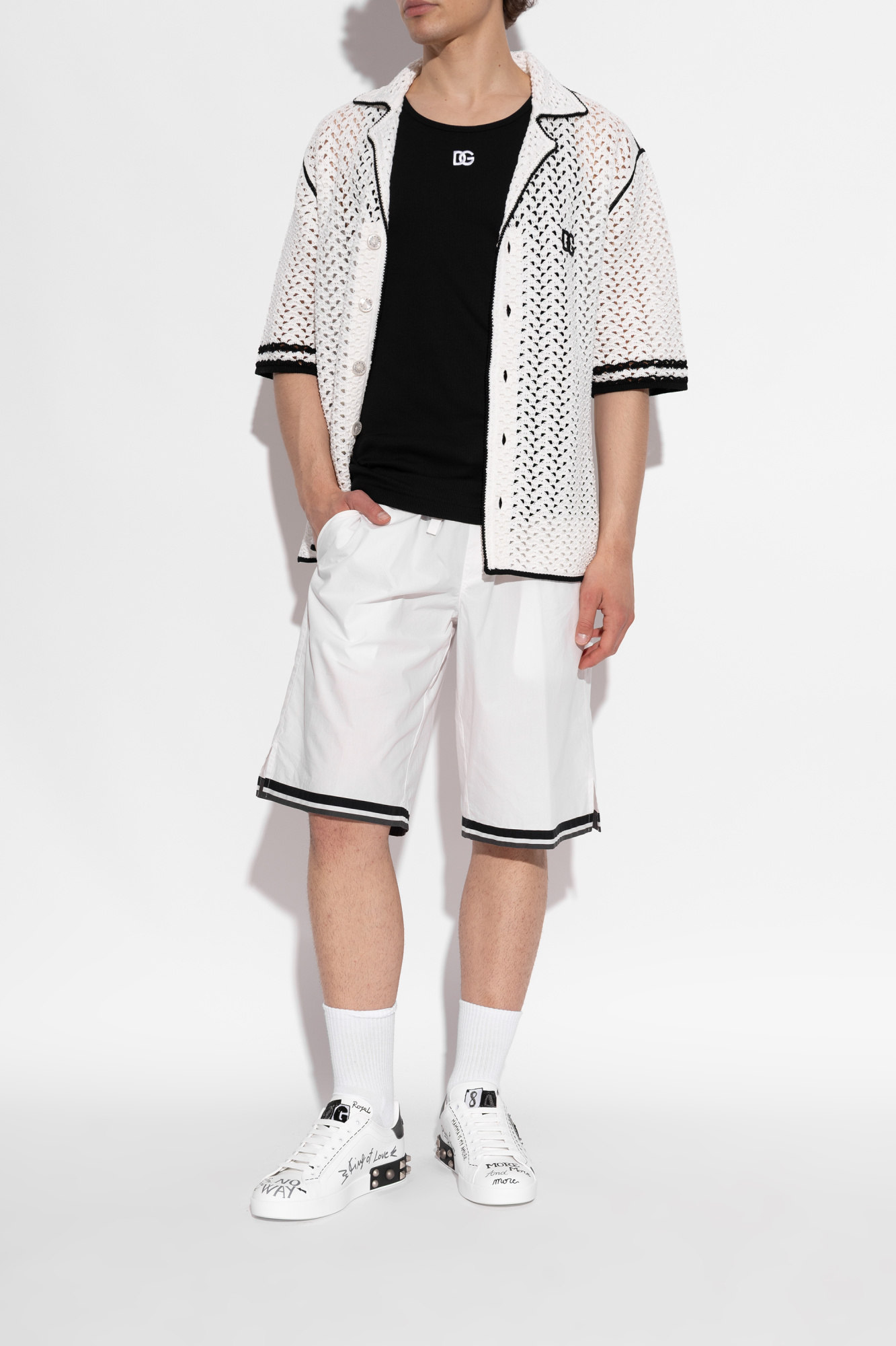 DOLCE & GABBANA ハウントトゥス スクエアトゥ ハンフス Calfskin Portofino sneakers with embroidery and studs in